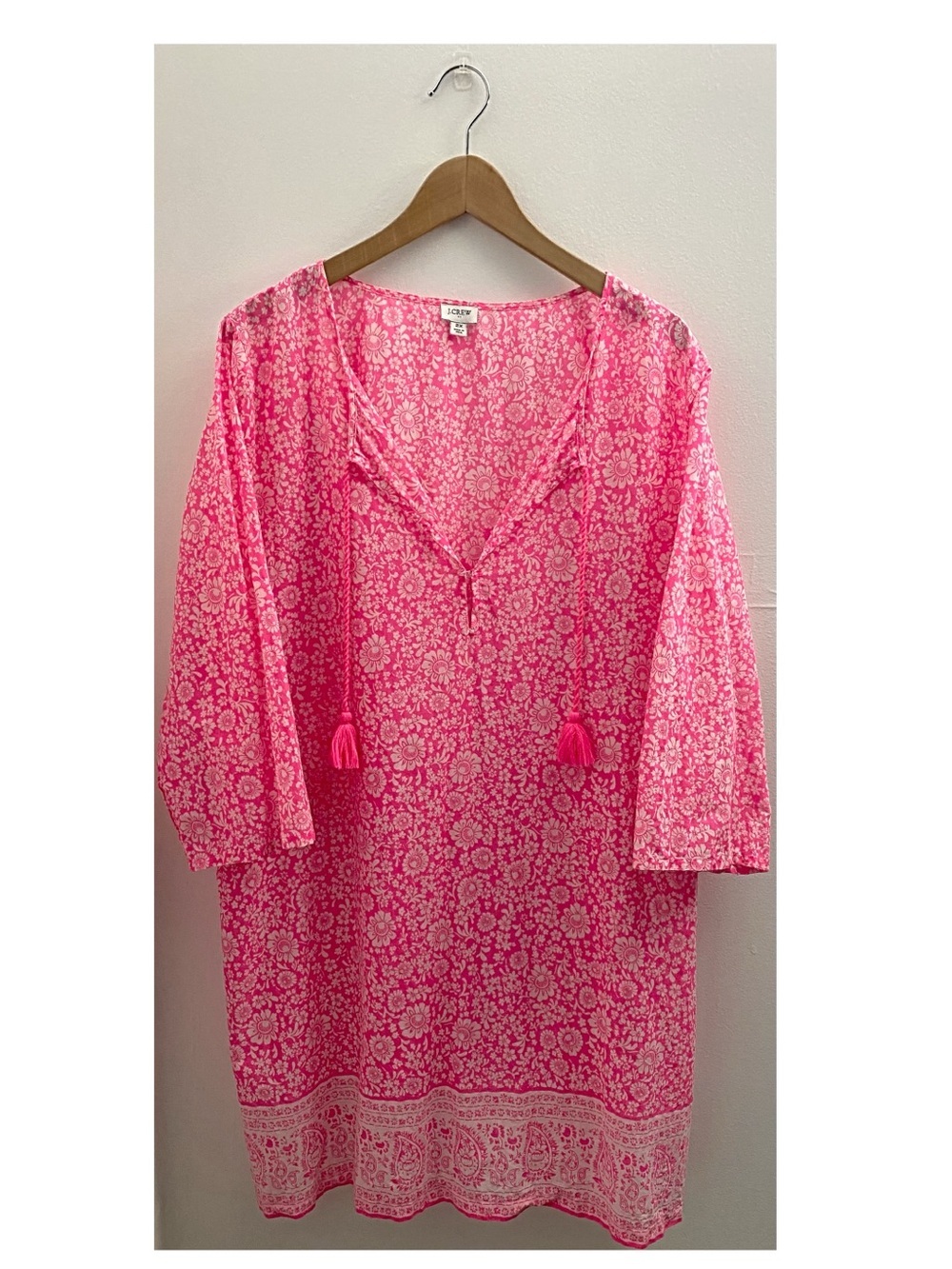 J.Crew Border-Printed Cover-Up Tunic Dress in Bright Pink Size 2X Beach Vacation